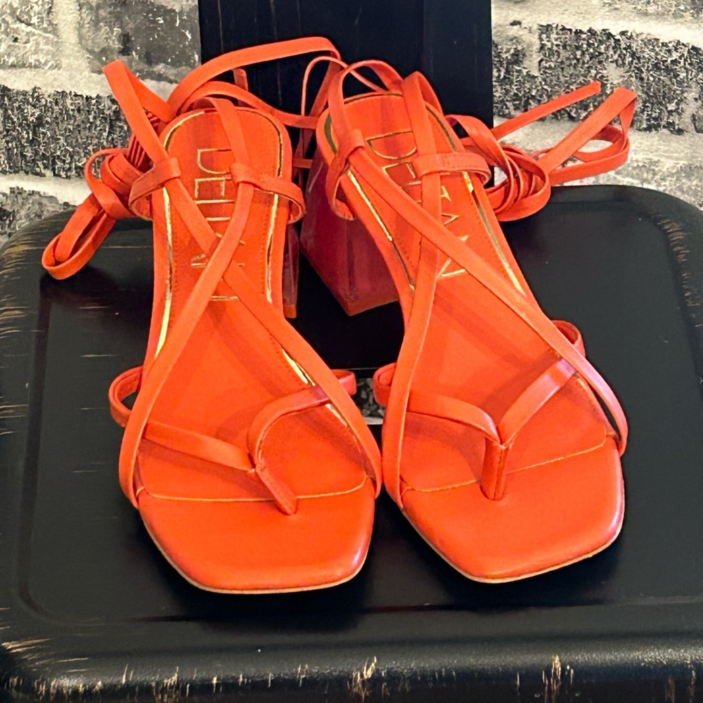Deltan Fawn coral/orange ankle wrap strappy block heel thong dress sandals.